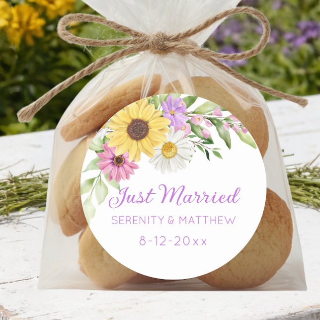 Floral Boho Sunflower Daisy Wedding Just Married Classic Round Sticker (Creator Uploaded)