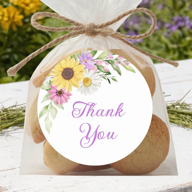 Floral Boho Sunflower Daisy Wedding Thank You Classic Round Sticker (Creator Uploaded)