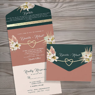 Floral Boho Teal and Terracotta Wedding All In One Invitation