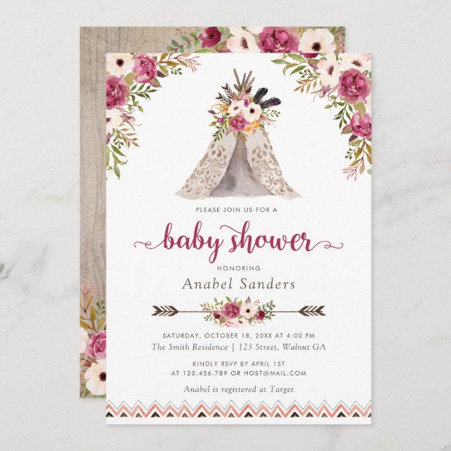 Floral Boho Teepee Chic Arrows Tribal Baby Shower Invitation (Front/Back)