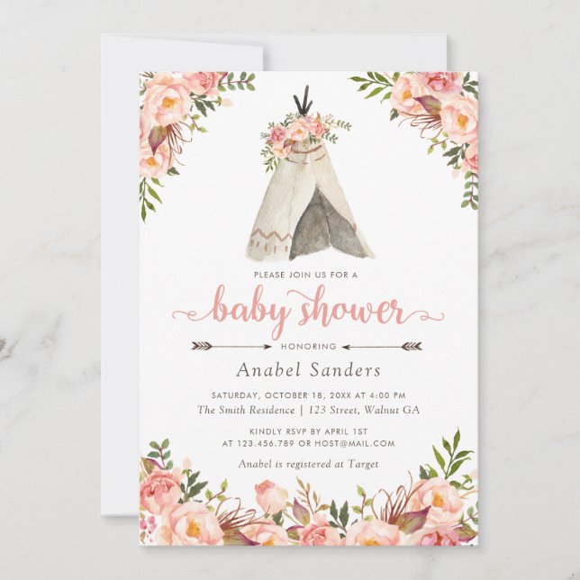 Floral Boho Teepee Chic Arrows Tribal Baby Shower Invitation (Front)