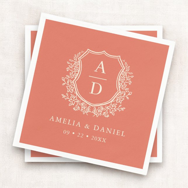 Floral Boho Terracotta Crest Wedding Monogram Napkin (Creator Uploaded)