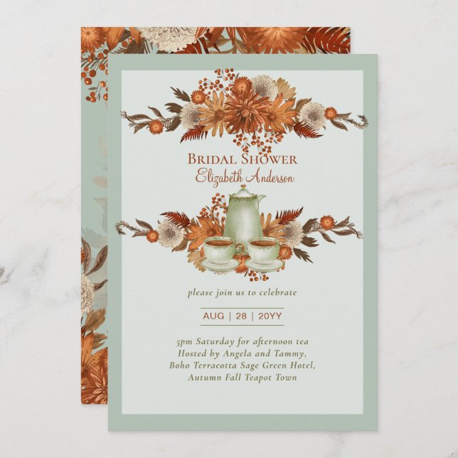 Floral Boho Terracotta Sage Tea Party Event Invitation (Front/Back)