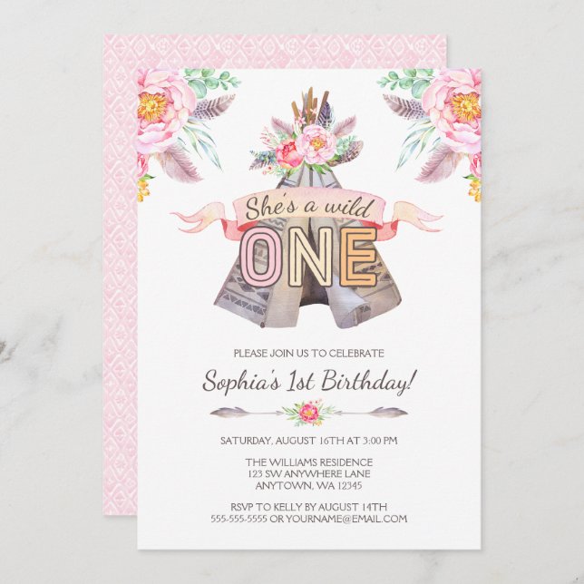 Floral Boho Tribal Teepee Wild One 1st Birthday Invitation (Front/Back)