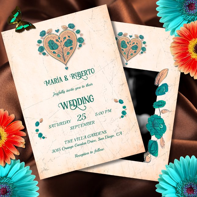 Floral Boho Vintage Heart Mexican Wedding Invitation (Creator Uploaded)
