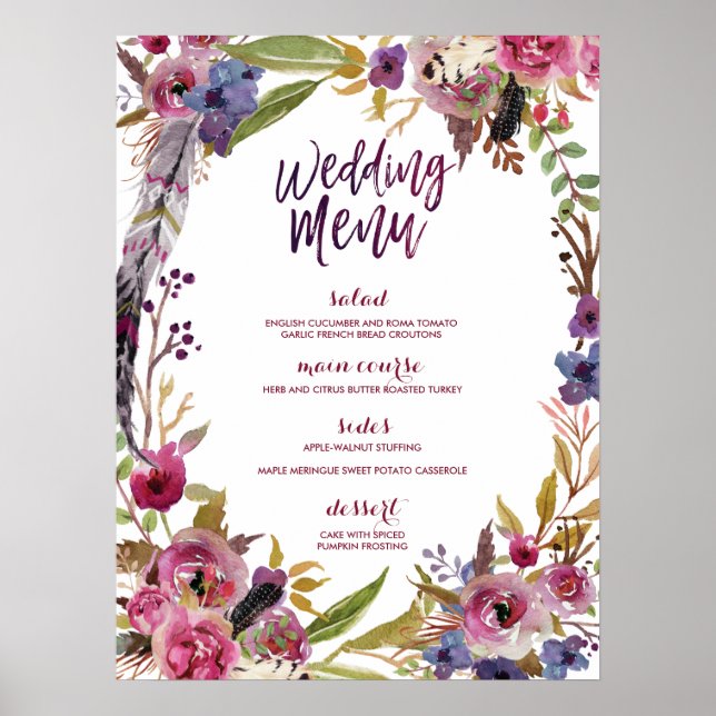 Floral Boho Watercolor Wedding Menu Sign (Front)