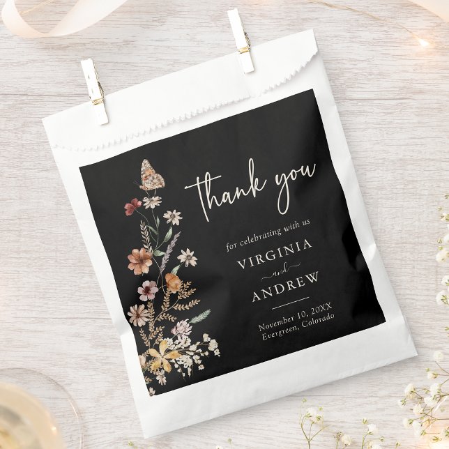 Floral Boho Wedding Favour Bag (Black Floral Boho Wedding Favor Bag with Butterfly by Painted Paperie
)