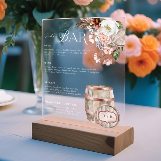 Floral Boho Western Country Wedding Drink Bar Menu Acrylic Sign (Floral Boho Western Country Wedding Drink Bar Menu Acrylic Sign)