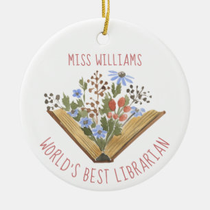 Floral Books World's Best Librarian Name Ceramic Ornament