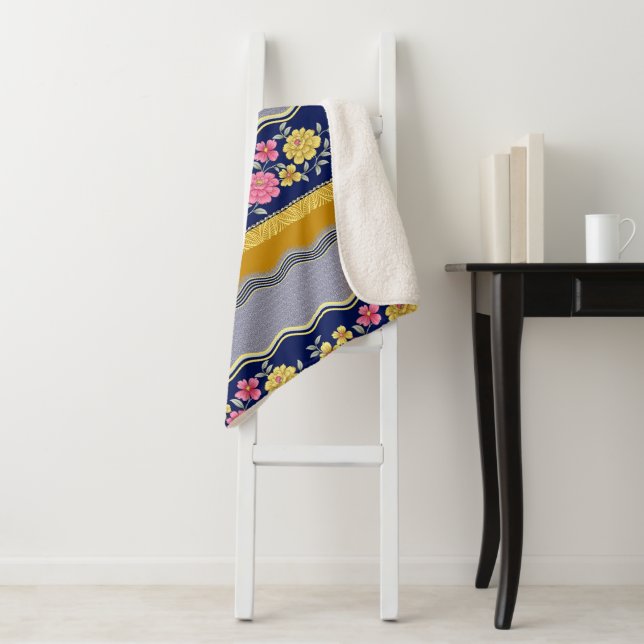  Floral Border Blue Background Zig Zag Pattern Sherpa Blanket (In Situ)