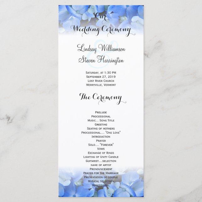 Floral Border Blue Hydrangea Wedding Tall Program (Front)