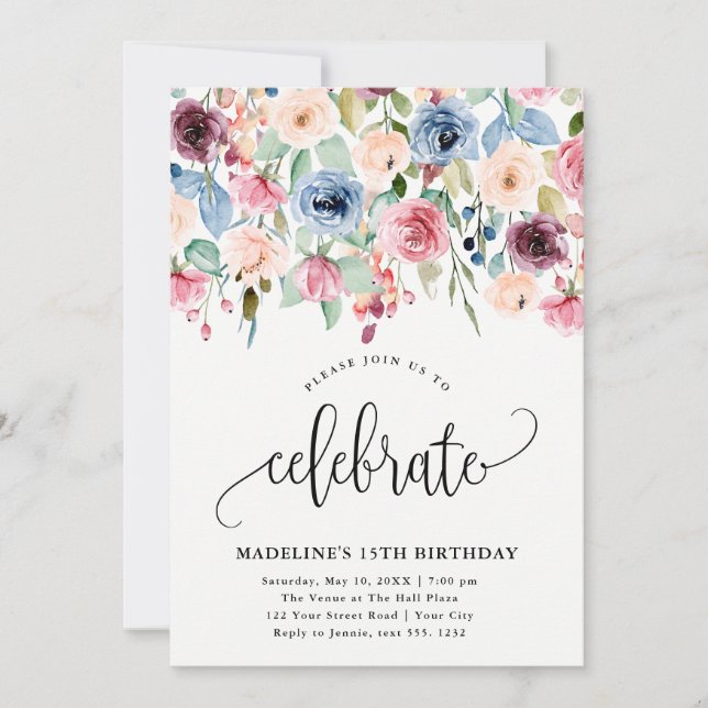 Floral Border "Celebrate" Any Year Birthday Invitation (Front)