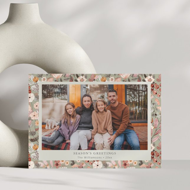 Floral Border Cosy Neutral Family Christmas Custom Holiday Card (Creator Uploaded)