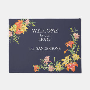 Floral Border Daylilies Welcome Doormat