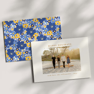 Floral Border Family Photo Blue Yellow Custom Holiday Card