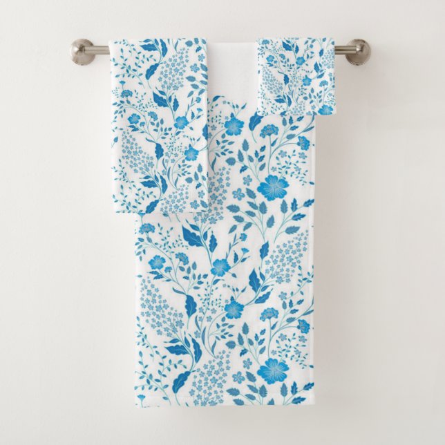 Floral Border Flowers and Foliage White Background Bath Towel Set (Insitu)