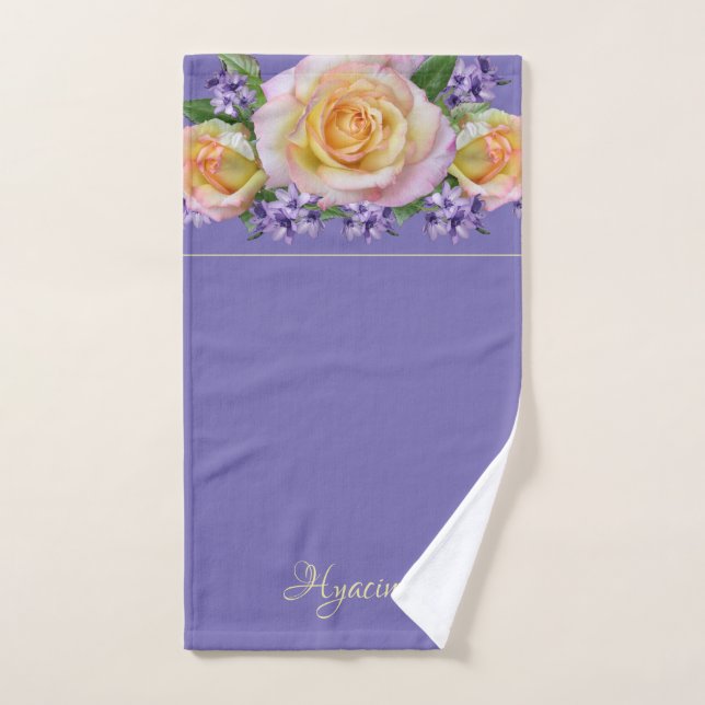 Floral Border Foliage Roses Periwinkle Background Hand Towel (Hand Towel)