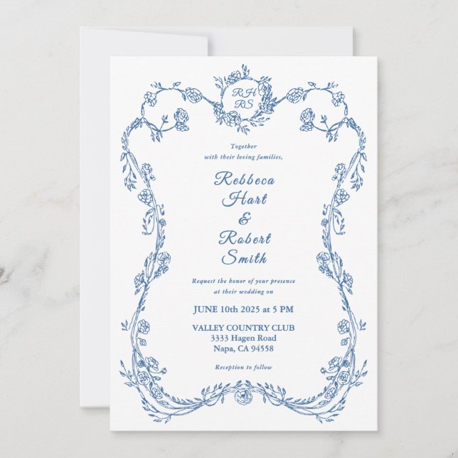 Floral Border French Toile Blue Invitation 03 (Front)