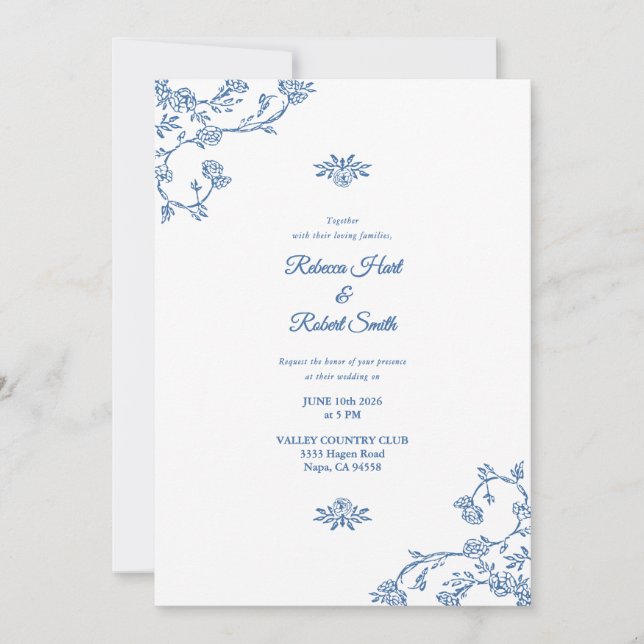 Floral Border French Toile Blue Invitation 04 (Front)