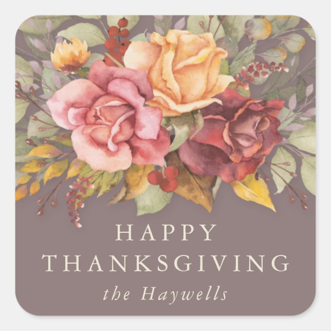 Floral Border Happy Thanksgiving Square Sticker (Front)