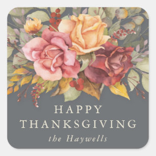 Floral Border Happy Thanksgiving Square Sticker