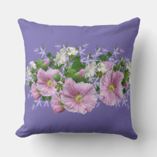Floral Border Hollyhocks on Periwinkle Background Cushion