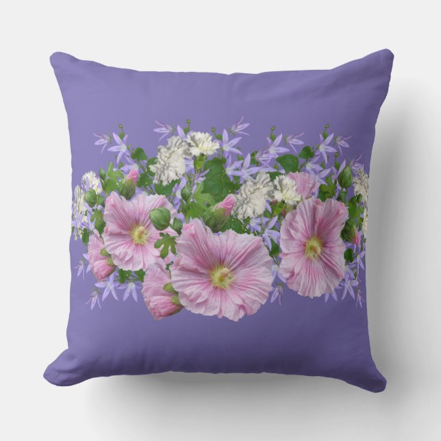 Floral Border Hollyhocks on Periwinkle Background  Cushion (Front)