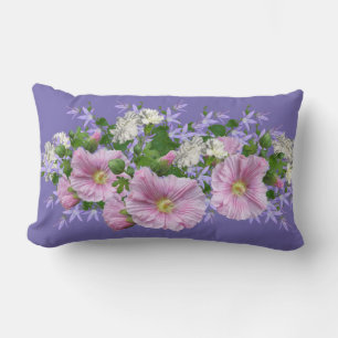 Floral Border Hollyhocks on Periwinkle Background Lumbar Cushion