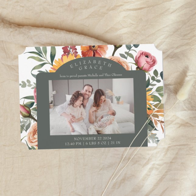 Floral Border Landscape Photo Birth Announcement (Creator Uploaded)