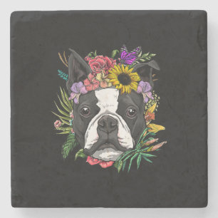Floral Boston Terrier Dog Spring Nature Dog Lovers Stone Coaster