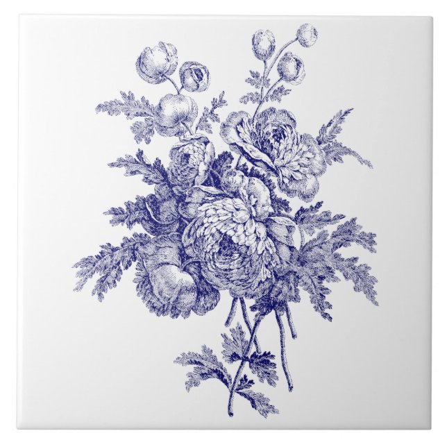 Floral Botanical Art Blue & White Ceramic Tile (Front)