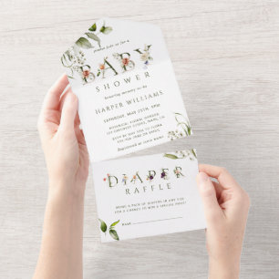Floral Botanical Baby Shower   Diaper Raffle  All In One Invitation