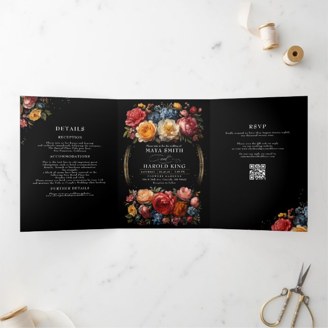 Floral Botanical Black Moody Vintage Wedding Tri-Fold Invitation (Inside)