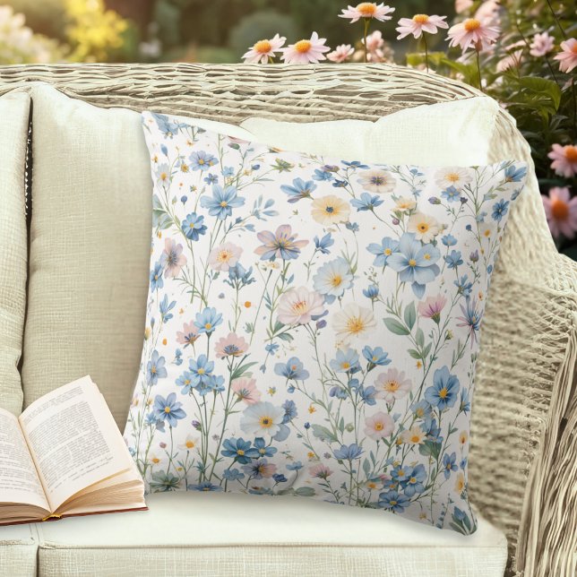 Floral Botanical Cottage Garden Patterned Cushion (An elegant garden throw pillow, decorated with rustic wildflowers in a watercolor style)