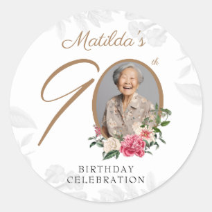 Floral Botanical Custom Photo 90th Birthday Classic Round Sticker
