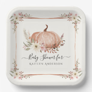 Floral Botanical Fall Pumpkin Baby Girl Shower Paper Plate