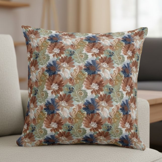 Floral Botanical Garden Earthy Wildflower Decor Cushion (Floral Throw Pillow - Earth Tones Boho Chic)
