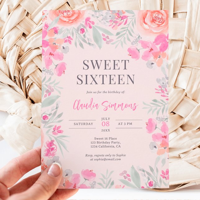 Floral botanical garden pink peach sweet 16 invitation (Creator Uploaded)