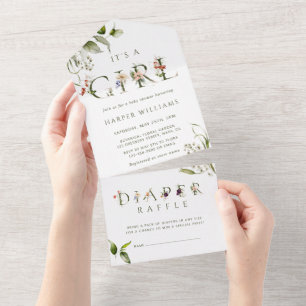 Floral Botanical Girl Baby Shower   Diaper Raffle  All In One Invitation