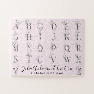 Floral Botanical Letter Alphabet Custom Text Pink Jigsaw Puzzle