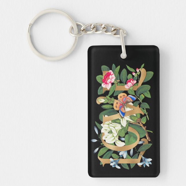 Floral Botanical Love Gold Foil Elegant Black Key Ring (Front)