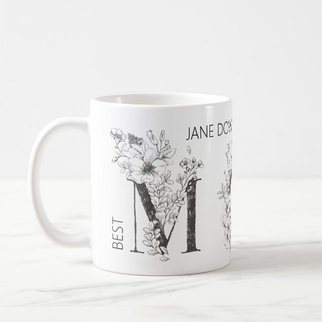 Floral Botanical MOM Monogram Custom Text Elegant Coffee Mug (Left)