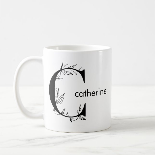 Floral Botanical Monogram | Custom Text Elegant Coffee Mug (Left)