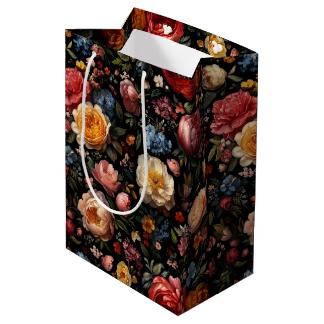 Floral Botanical Moody Black Dutch Fine Art Flower Medium Gift Bag (Back Angled)
