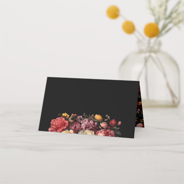 Floral Botanical Moody Black Wedding Place Card (Front)