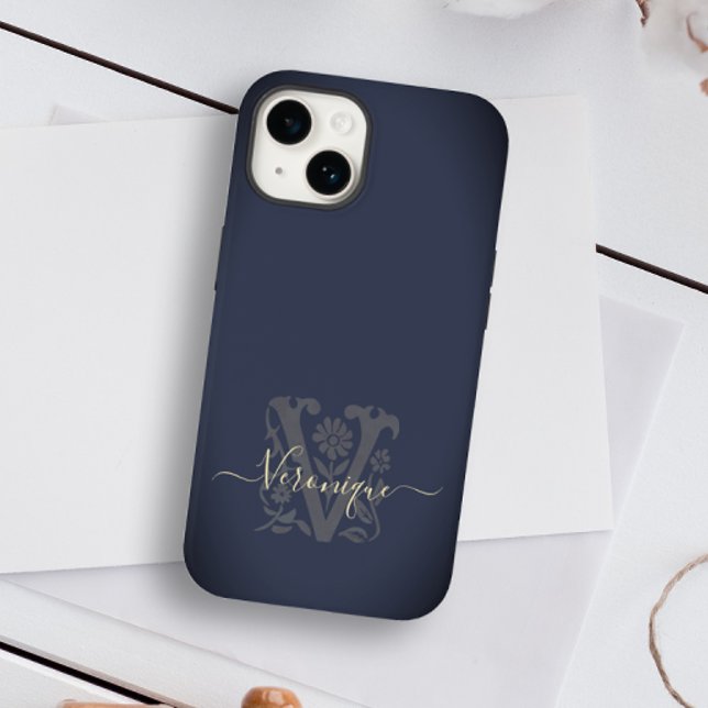 Floral Botanical Navy Blue & Gold V Name Monogram Case-Mate iPhone Case (Creator Uploaded)