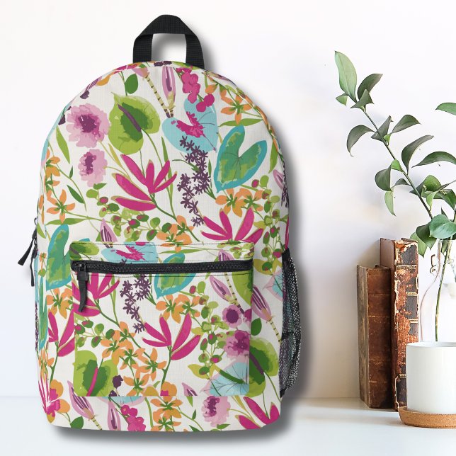 Floral Botanical Pattern Girls Printed Backpack (Pink Green Modern Vintage Floral Tropical Pattern Printed Backpack)