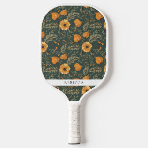 Floral Botanical Pattern Green Golden Custom Name Pickleball Paddle
