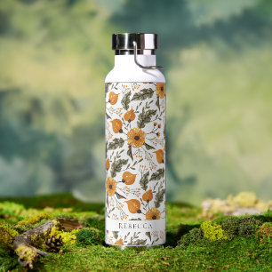 Floral Botanical Pattern White Golden Custom Name Water Bottle