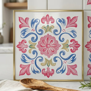 Floral Botanical Pink Blue Green Ceramic Tile